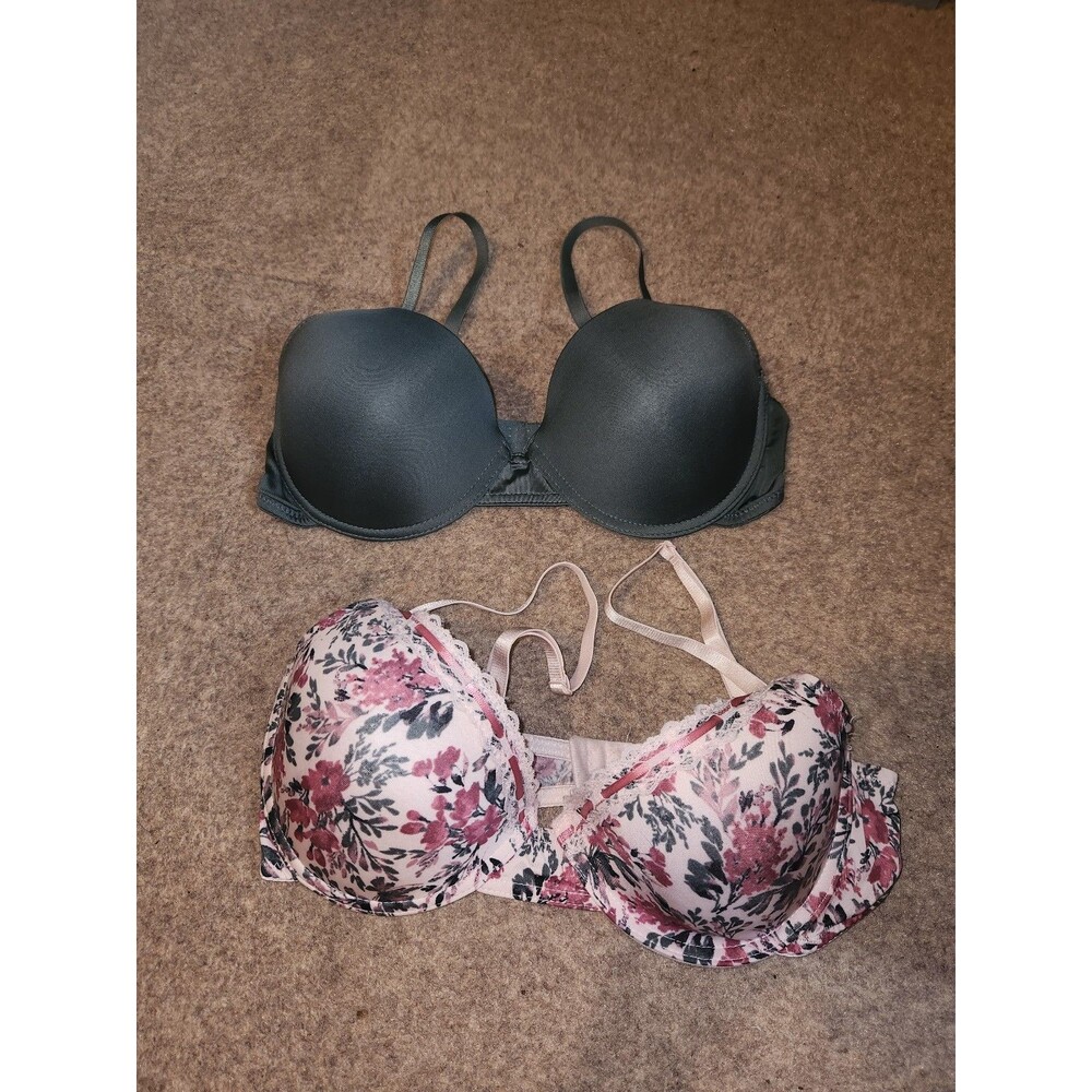Size 36C Floral Pink and Solid Green Tshirt Bra Set